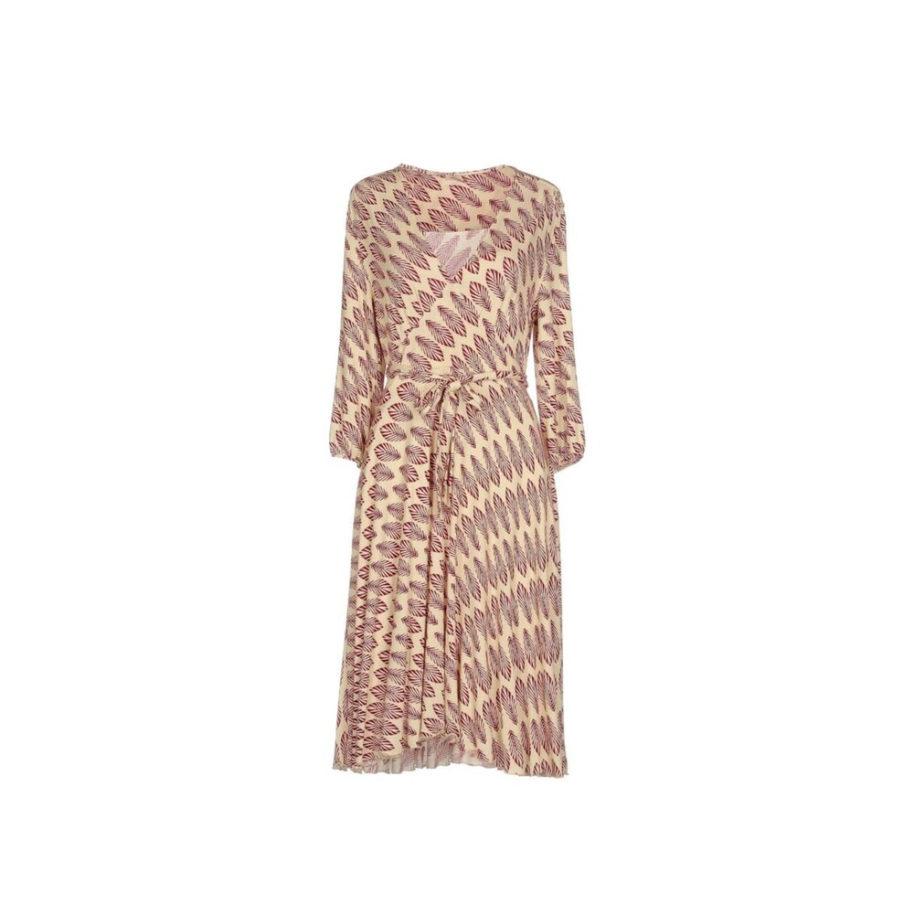 Miki Thumb Midi Dress SZ L Purple Ivory 3/4 Sleeves V-Neck Belted Jersey Italy